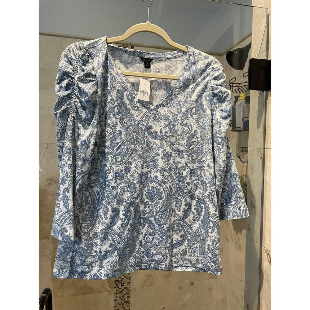 Ann Taylor Loft Women Blue Paisley Puff Long Sleeve V-Neck Blouse Top M NEW